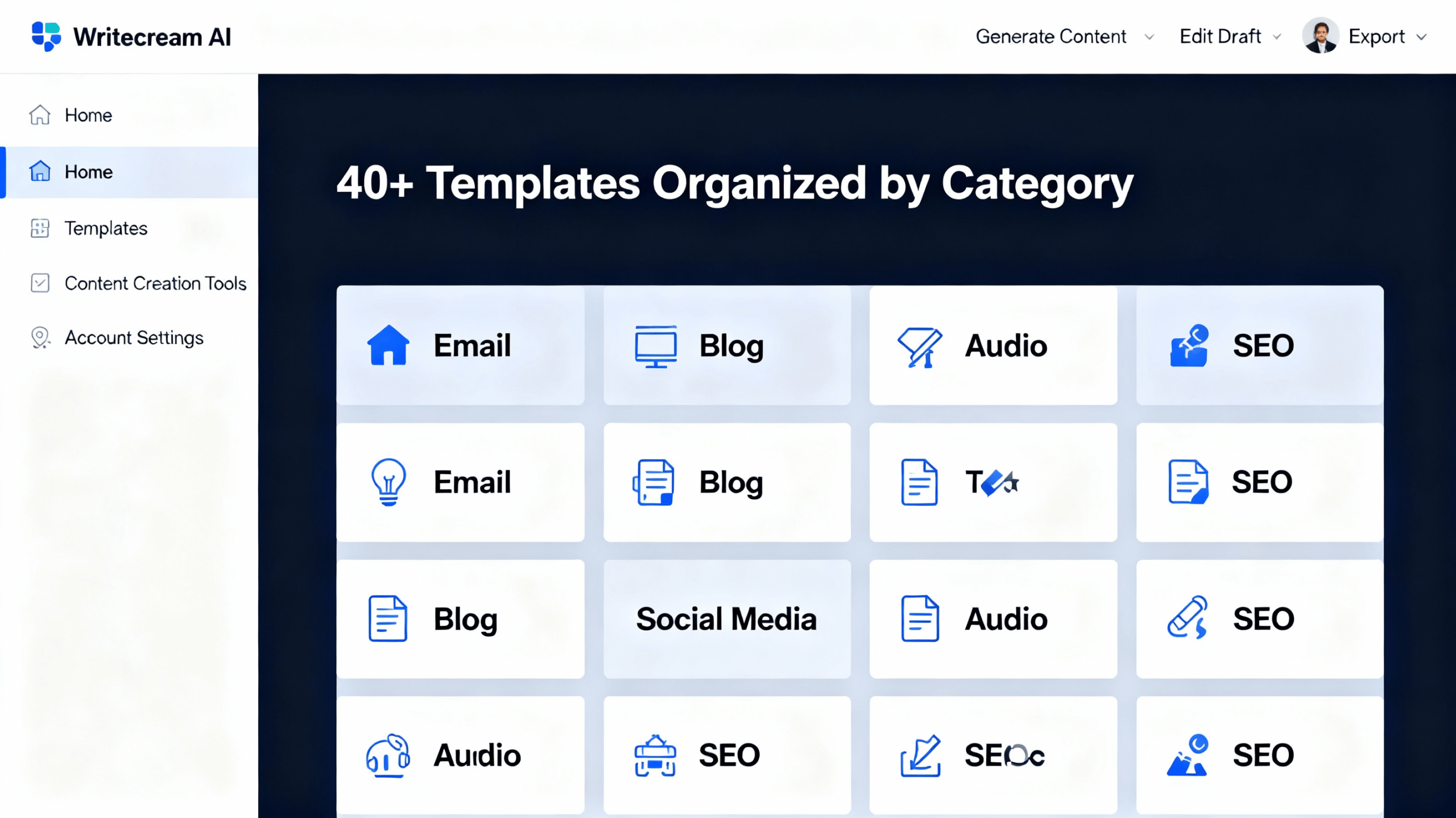Writecream AI writing content generator dashboard interface with 40+ templates