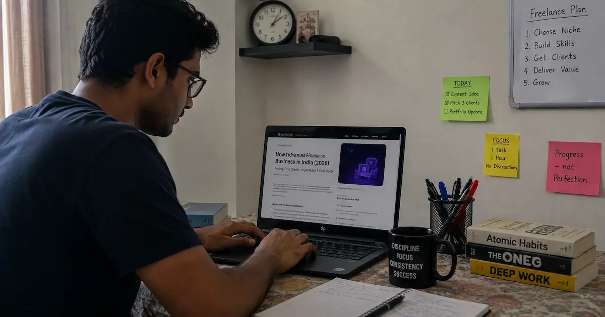How to Start an AI Freelance Business in India (2026): Pricing, First Clients, Legal Rules & Real Costs