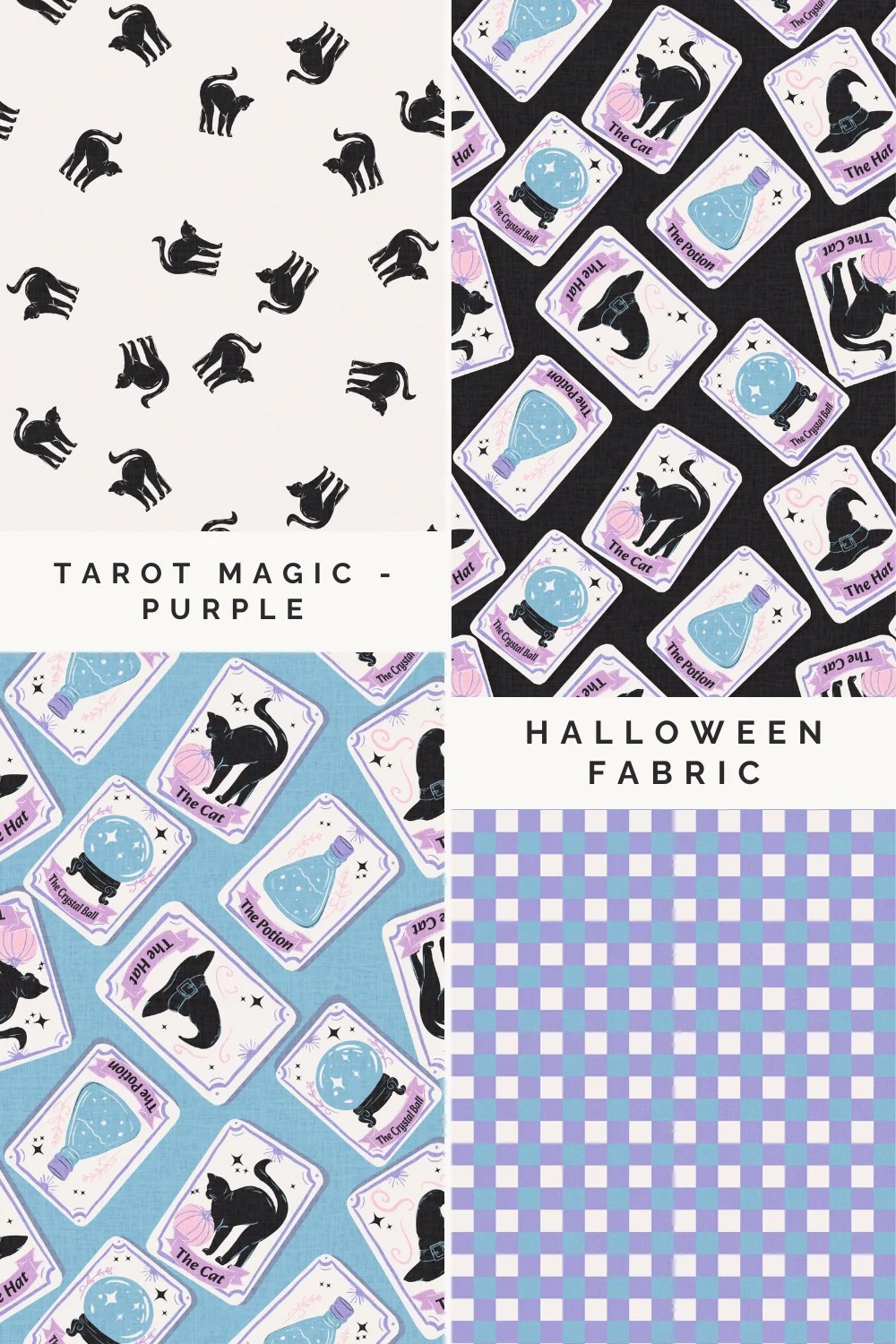 Fabric collection mockup featuring four coordinating Halloween fabric patterns in purple, blue, black, and white. Designs include hand-drawn black cats, tarot-inspired cards with witch hats, crystal balls and potion bottles, plus a coordinating purple and blue gingham check.
