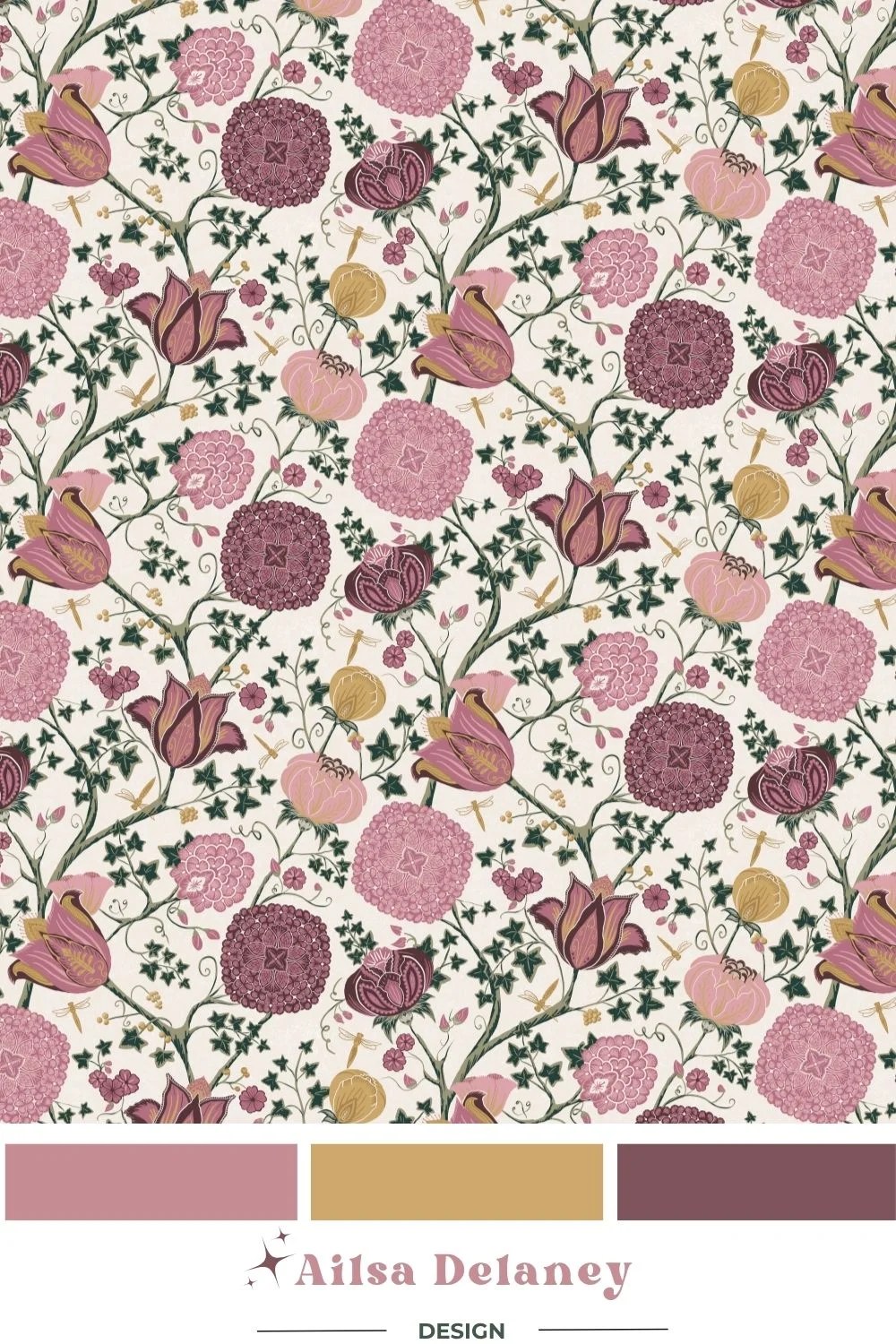 Pink and yellow indian floral chintz wallpaper pattern with colour chips