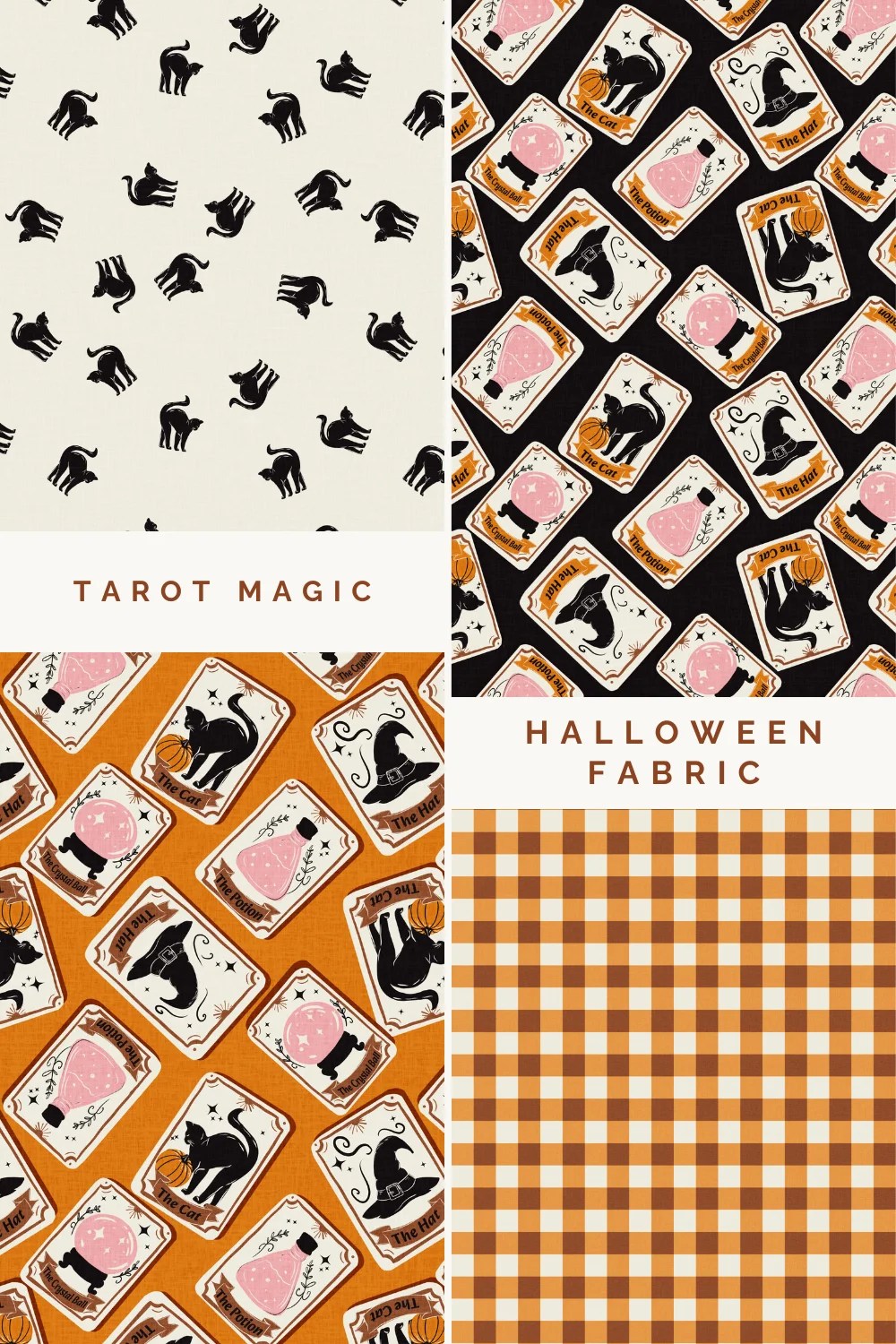 Fabric collection mockup featuring four coordinating Halloween fabric patterns in orange, black, cream, and soft pink. Designs include hand-drawn black cats, tarot-inspired cards with witch hats, crystal balls and potion bottles, plus a coordinating orange gingham check.