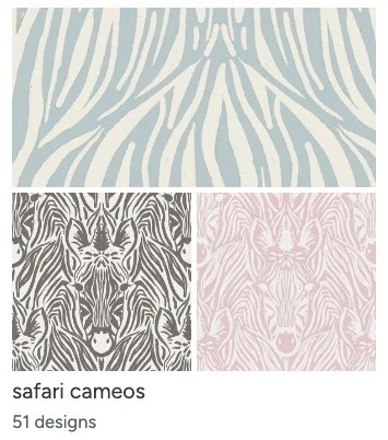 pattern designs featuring ogee shapes with zebras, and zebra stripes in pastel and monochrome colours