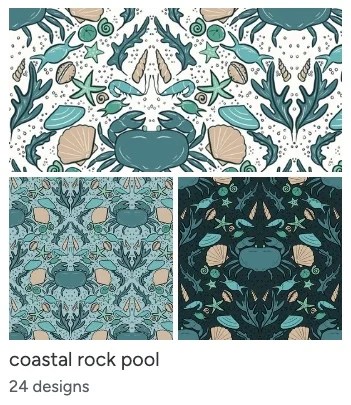 Blue and teal coastal pattern designs with crabs and shellfish