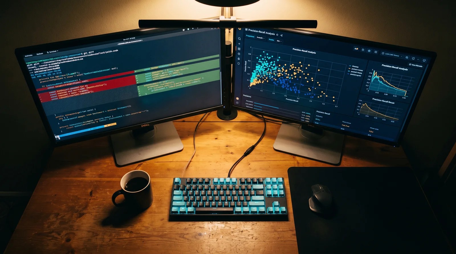 Editorial overhead view of a developer's desk with two monitors showing a git diff and a precision-recall dashboard for AI code review benchmarking