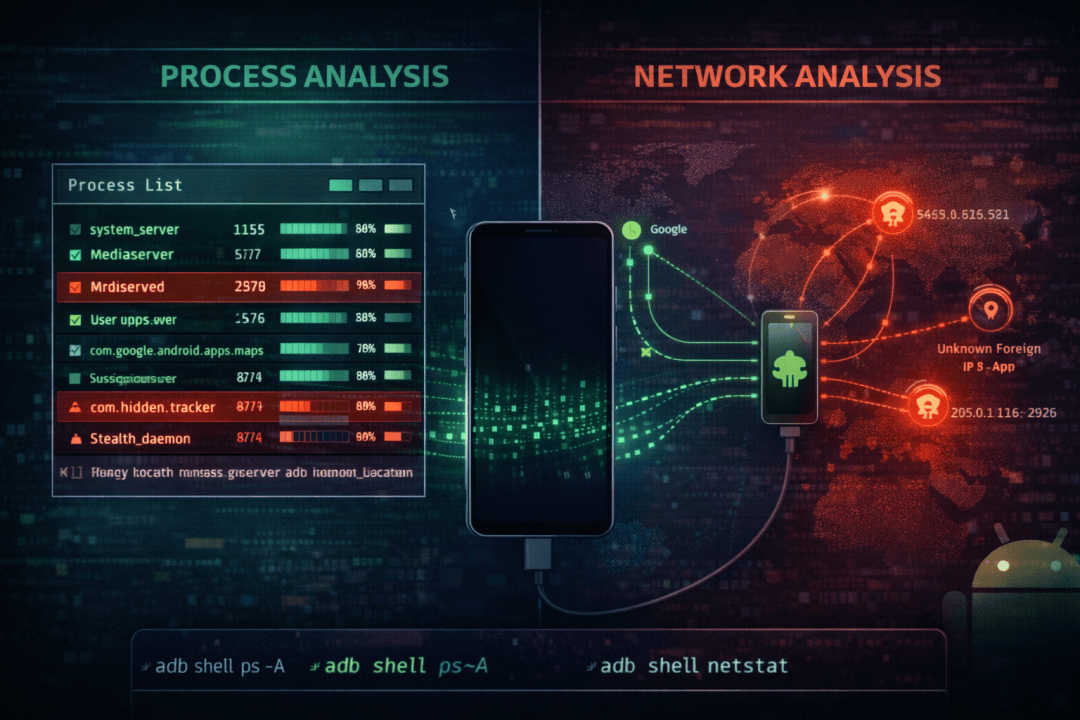Split-screen showing Android process analysis and network connection monitoring via ADB