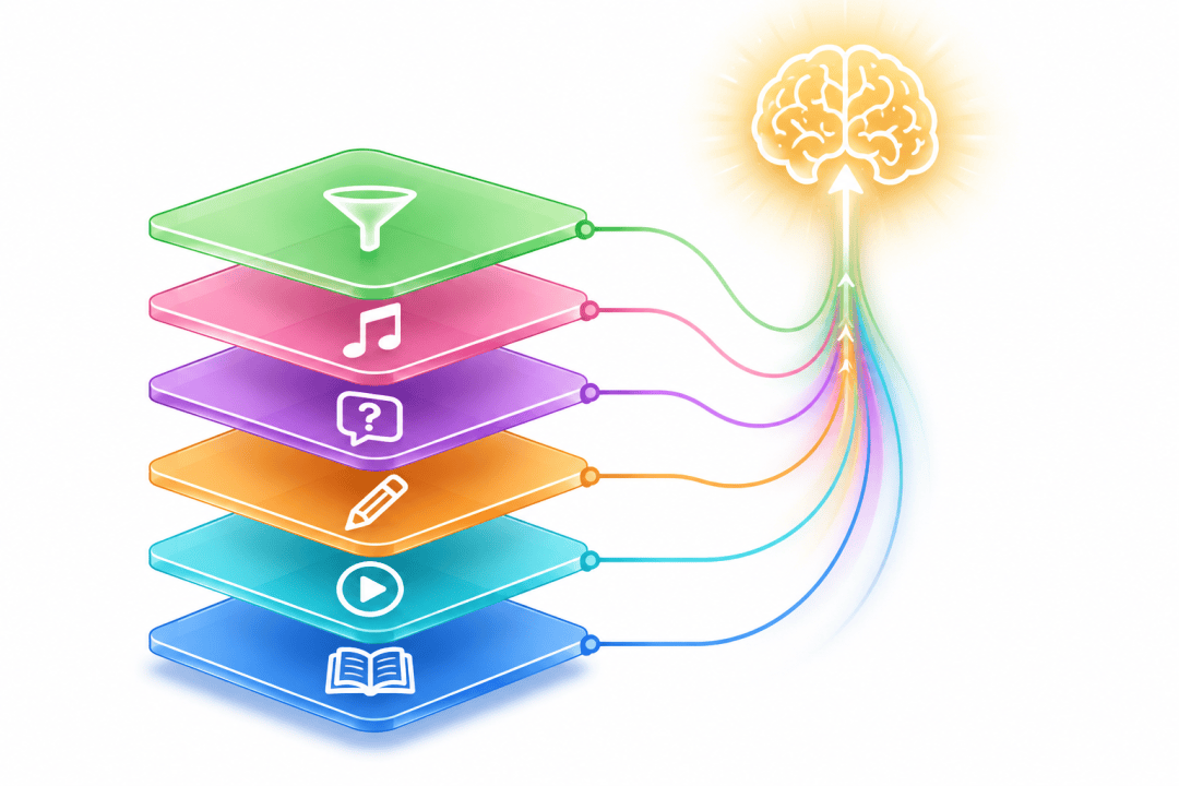 Layered learning diagram showing six methods targeting different memory pathways