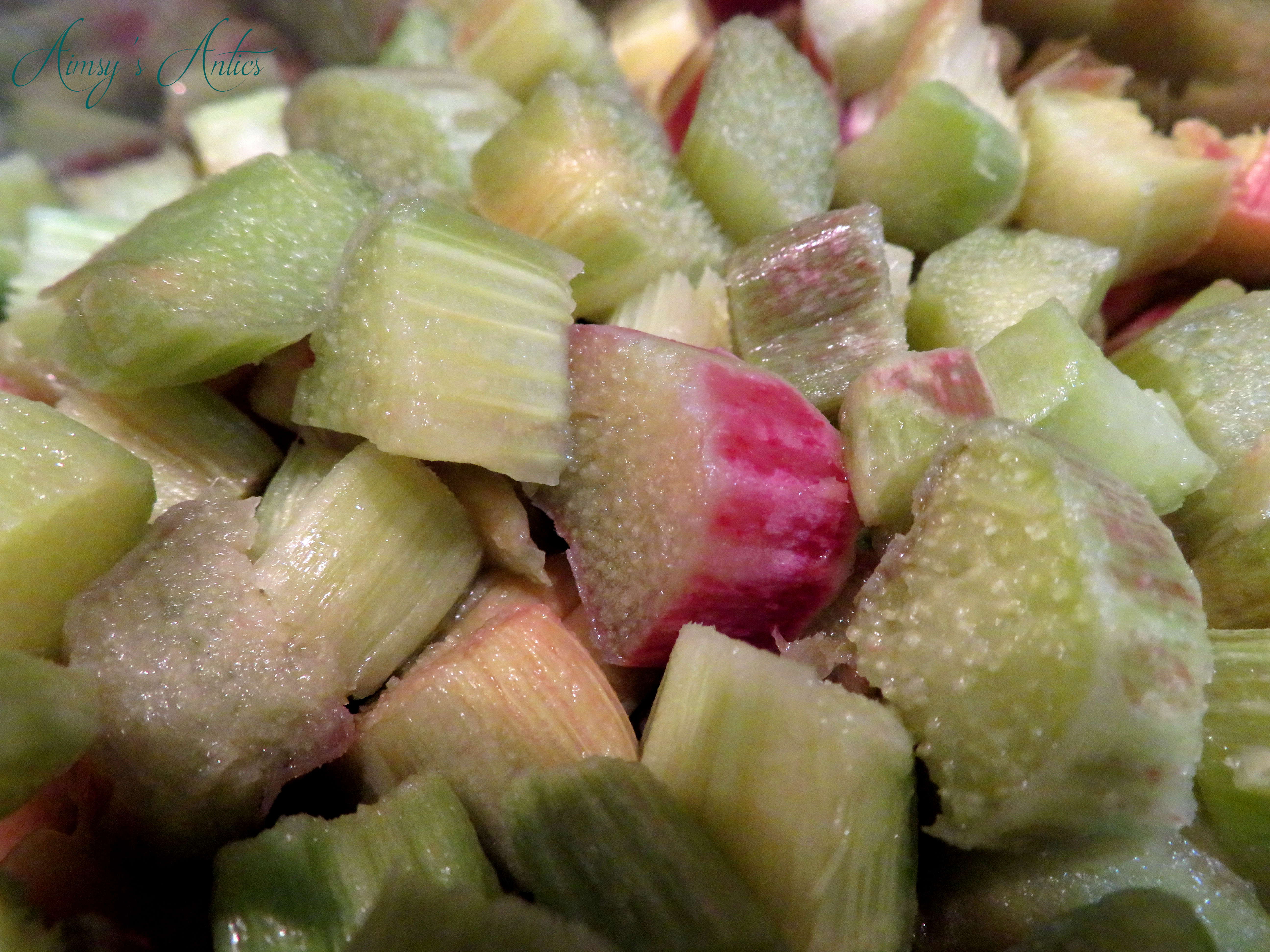 Image of frozen rhubarb, green and pink in colour.