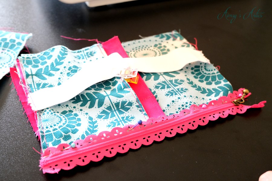 Zip pinned to material before sewing