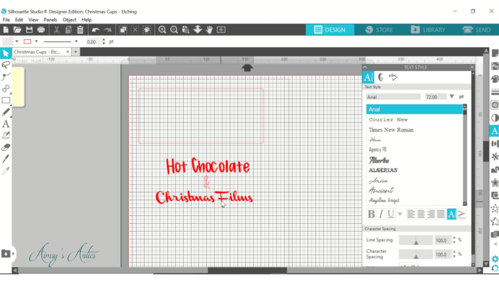 Adding text "hot chocolate & Christmas films" in silhouette design studio