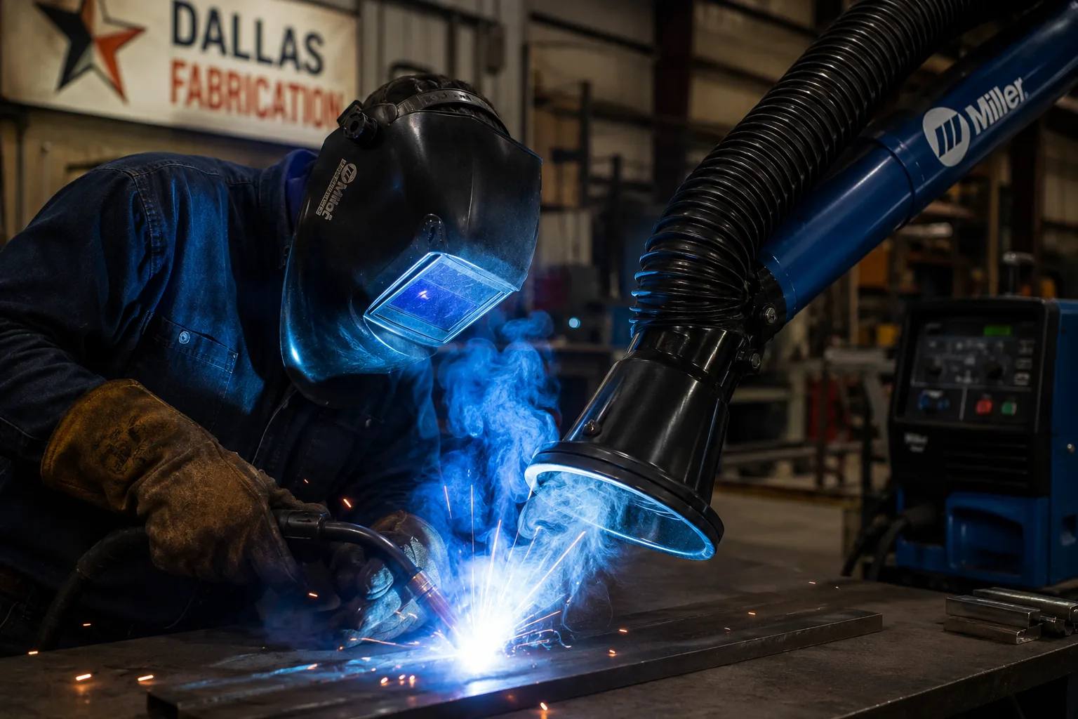 A person wearing protective gear uses a welding torch on metal in an industrial workshop. An Elementor-branded fume extractor hose is positioned near the welding area, and a Dallas Fabrication sign is visible in the background.
