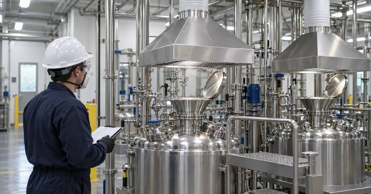 Engineer inspecting local exhaust hoods above stainless chemical processing vessels