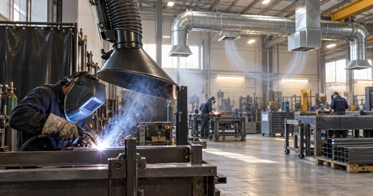 Welding extraction hood capturing fumes while overhead ventilation serves the wider fabrication shop