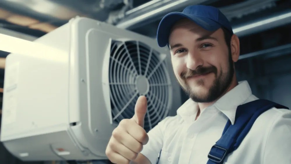 Aircon technician inspecting an outdoor condenser unit