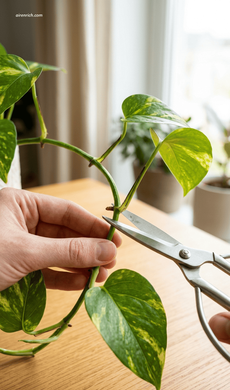 Hand holding a pothos vine while pruning shears are positioned below a visible node, showing where to cut for water propagation.