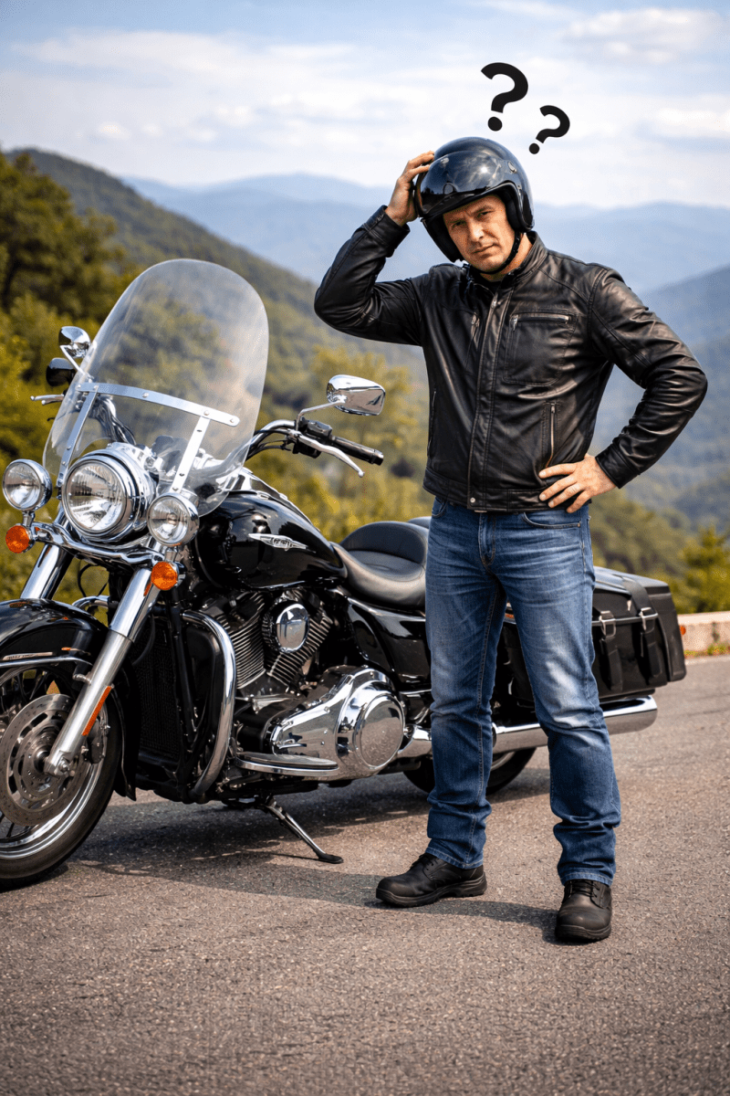 Motorcycle rider standing beside cruiser bike deciding on engine guard soft covers before riding