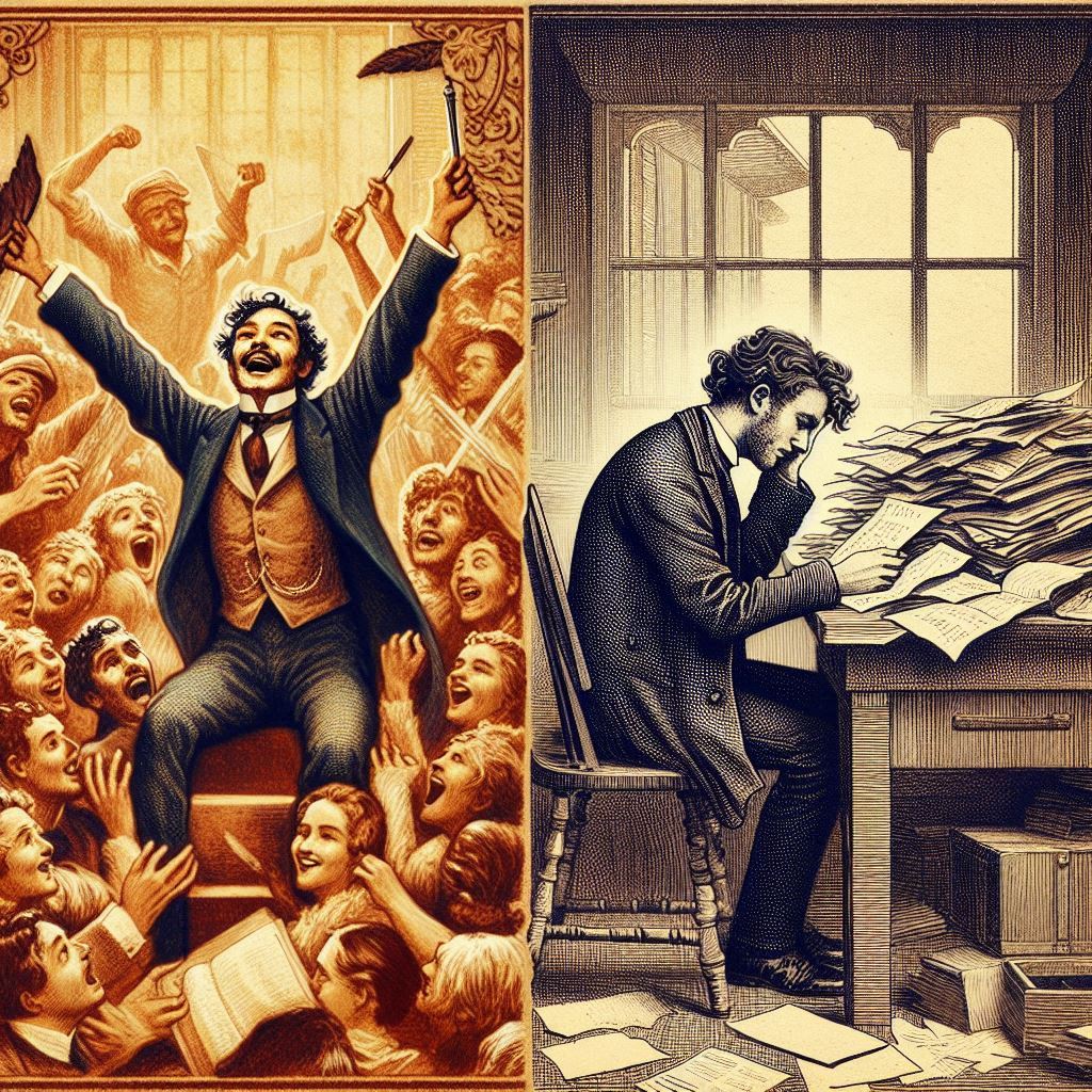 A Victorian style split image of a successful and weary author