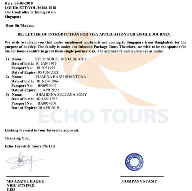 Invitation Letter For Singapore Visa From Bangladesh