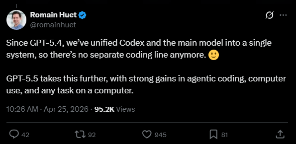 GPT-5.5에 흡수된 Codex, OpenAI 코딩 전용 모델의 두 번째 퇴장
