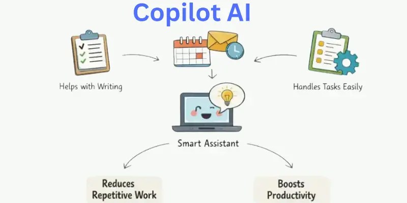 Illustration explaining Copilot AI features like writing help and task automation.