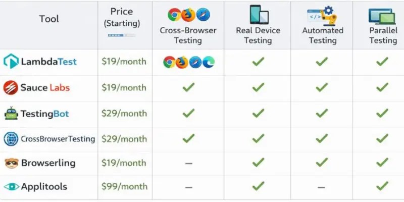 Comparison table of BrowserStack alternatives with features and pricing
