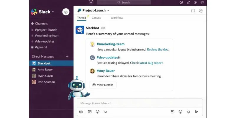 Slack screenshot showing AI-powered Slackbot <a href=