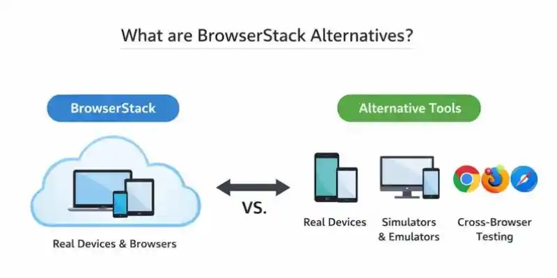 "Diagram comparing BrowserStack  alternatives, showing testing environments."
