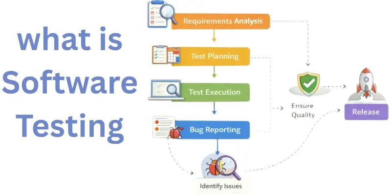 Flowchart outlining the software testing process with key stages.
