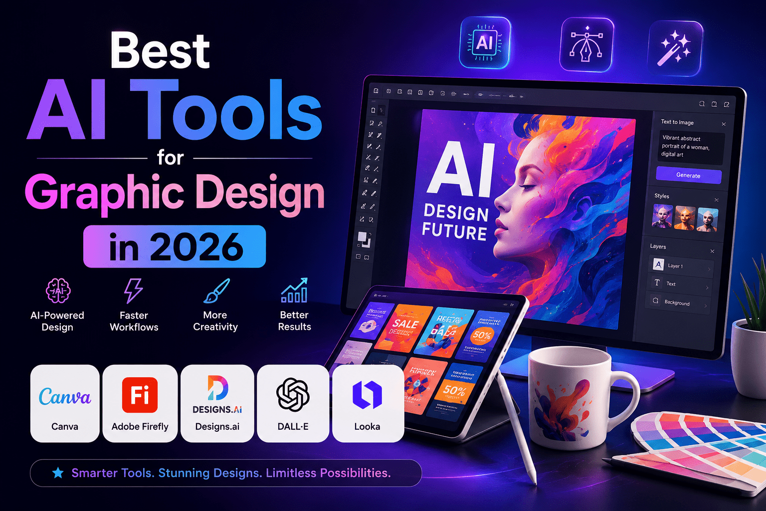 Futuristic digital workspace showing AI-powered graphic design tools in 2026, featuring Canva, Adobe Firefly, DALL·E, Designs.ai, and Looka with a modern neon interface.
