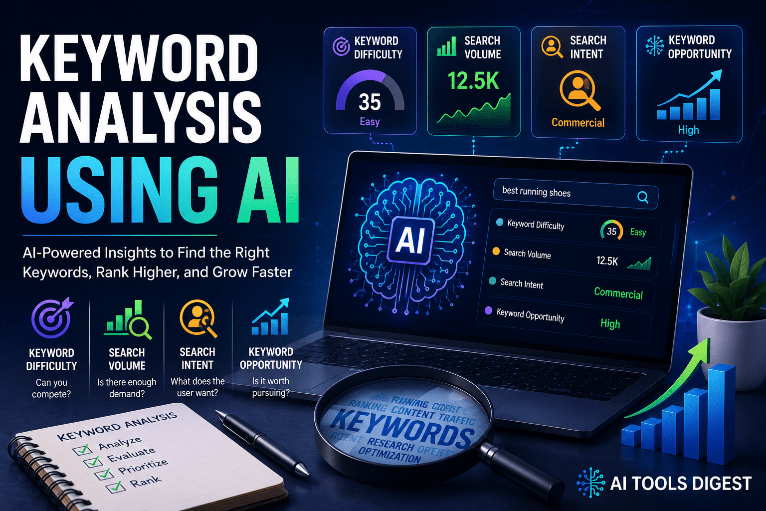llustration of keyword analysis using AI showing keyword difficulty, search volume, search intent, and keyword opportunity for SEO strategy.