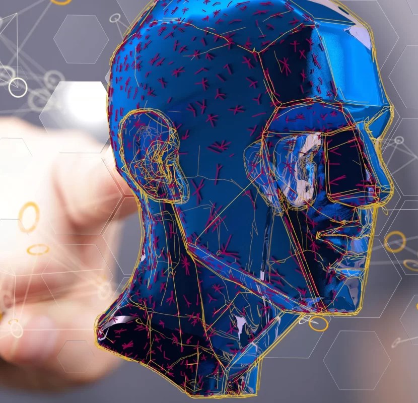 A 3D rendering of a blue head of a man and a hand behind