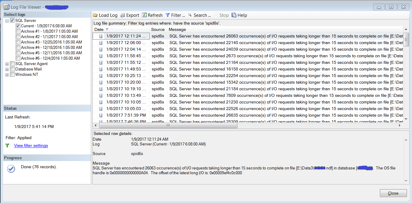 Error/Fix: SQL Server has encountered 26063 occurrence(s) of I/O requests taking longer than 15 seconds to complete