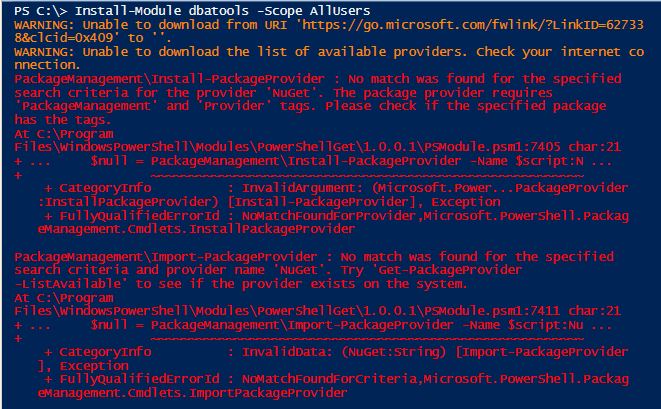 PackageManagement\Install-PackageProvider : No match was found for the specified search criteria for the provider 'NuGet'