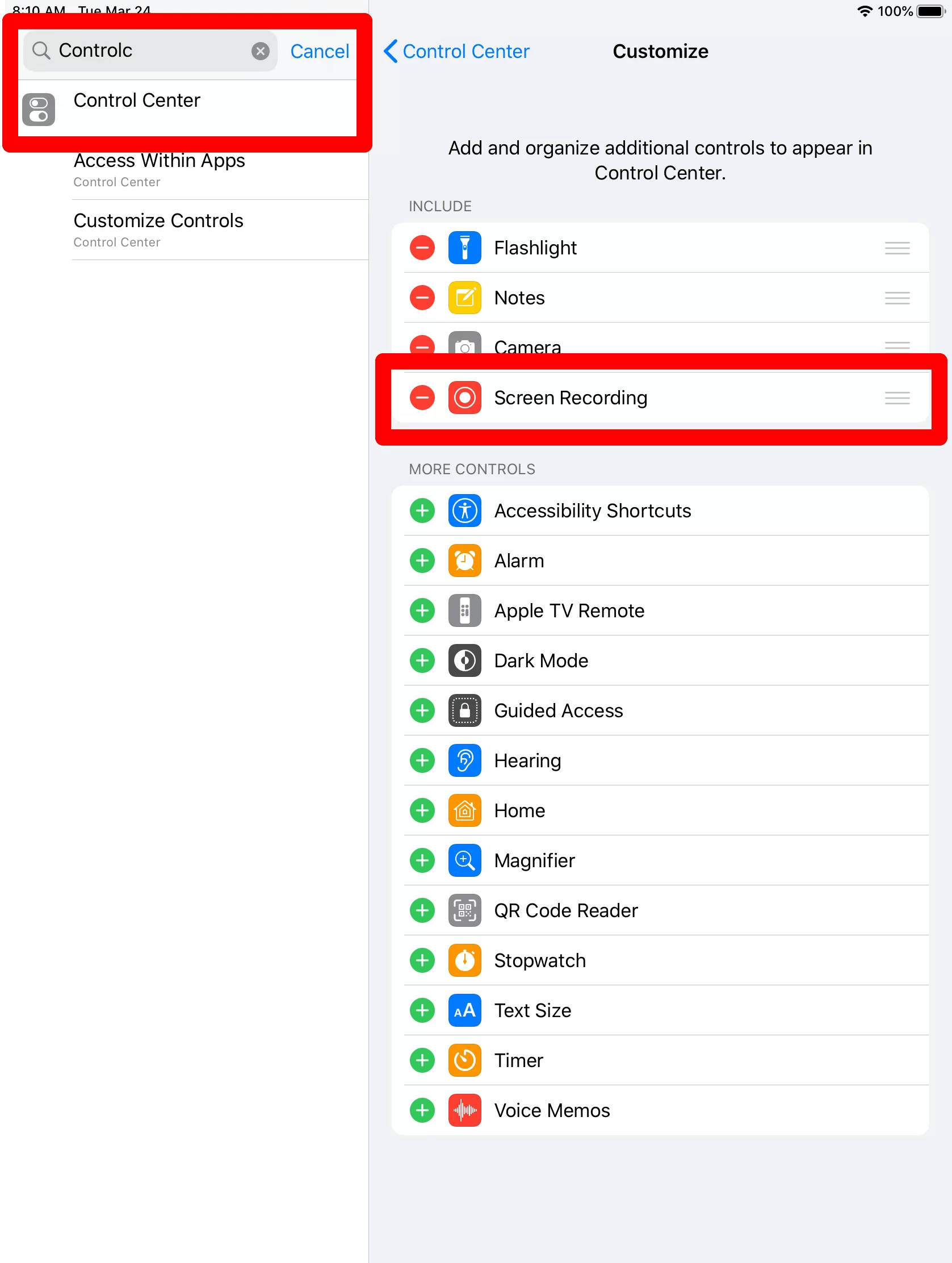 Menu in iOS getting to recording from the search in settings