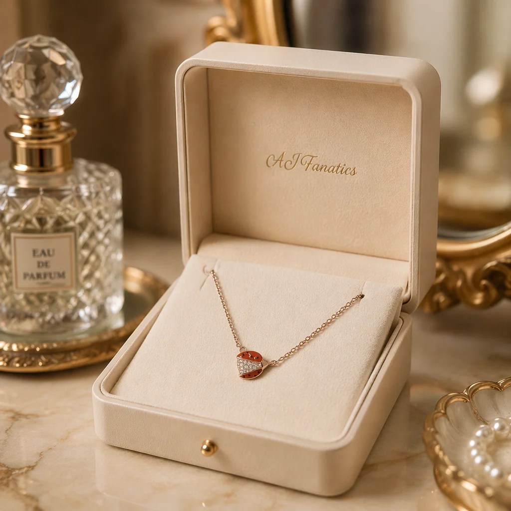 Rose gold and 925 silver ladybug pendant necklace with pavé cubic zirconia and red enamel, Whimsical Radiance Éclat de Coccinelle.