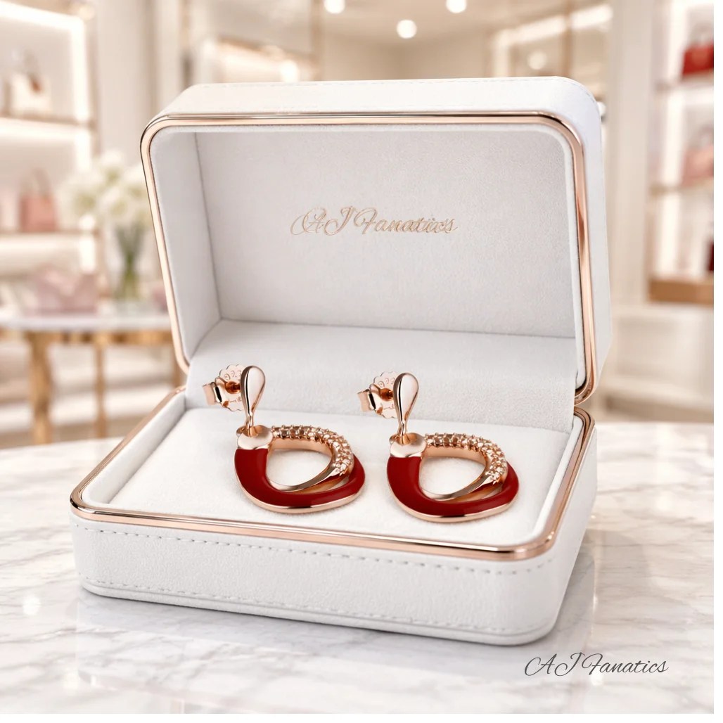 Enchanted Orbits Earrings precision-crafted in 925 silver with champagne gems and rose gold finish, featuring bold red enamel and textured accents in a modern open hoop design showcase in a white jewellery box to look elegant.