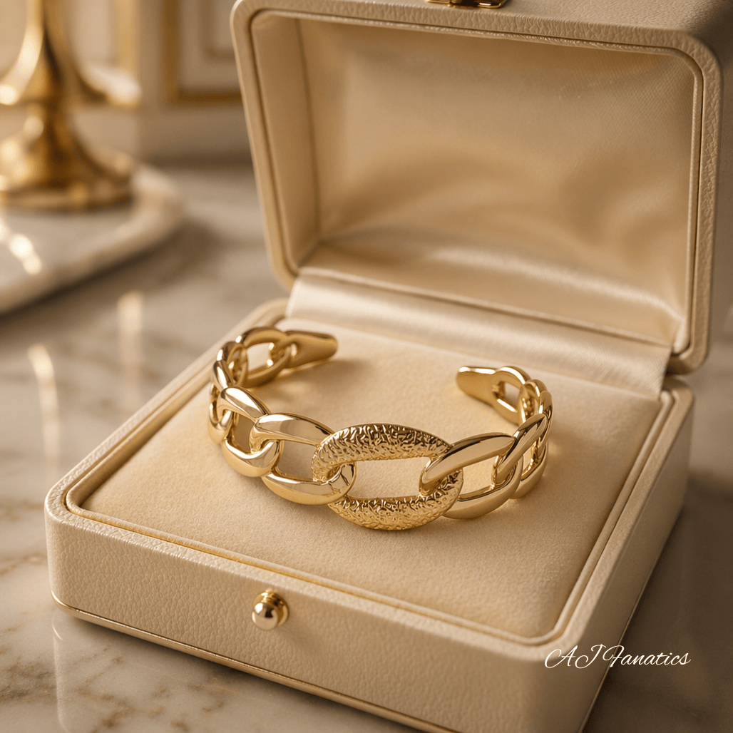 Harmonious Embrace Bangle Bracelet in gold-plated stainless steel, displayed in a jewellery box, highlight its bold open chain-link design and polished finish.