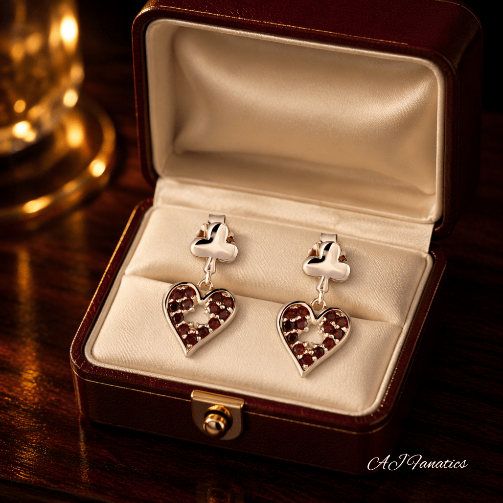 A pair of Heart on Club 925 Silver Rose Gold Garnet Drop Earrings, featuring rose gold club studs and garnet-embellished heart charms, displayed in a jewellery box.