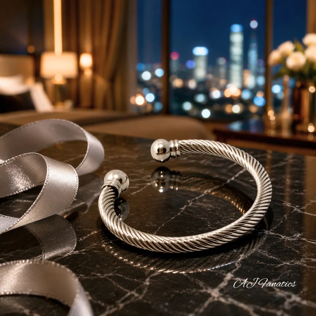 Silver-hued twisted helix cuff minimalist fusion torque bangle bracelet in polished stainless steel with twisted cable design and rounded end caps on a marble table.