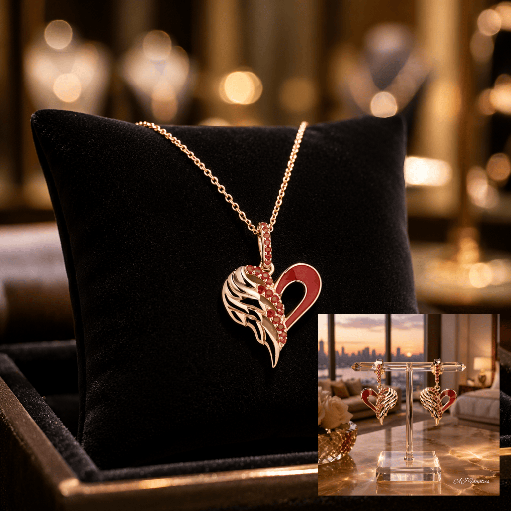 Heart Soarers 925 Silver Gift Set – Rose Gold Garnet Red Enamel Drop Earrings & Pendant Necklace featuring our winged-heart pendant necklace and matching drop earrings.
