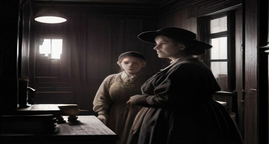 AI-generated historical illustration of a fictional woman speaking with a lodging-house keeper in 1888 Whitechapel