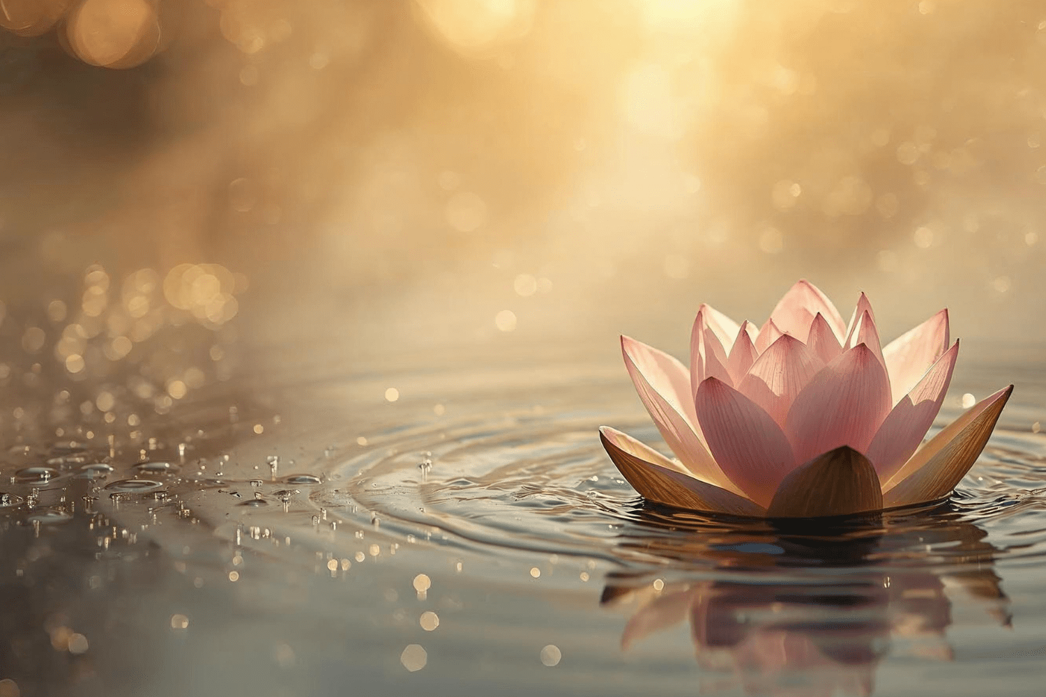 A Beautiful pink sunlit Lotus flower on a lake.
