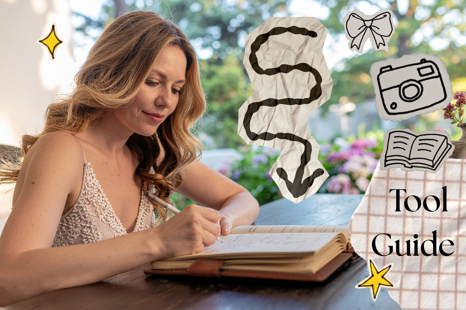 A photograph of a young woman writing in her notebook/journal with fun graphic doodles and a text reading "Tool Guide"