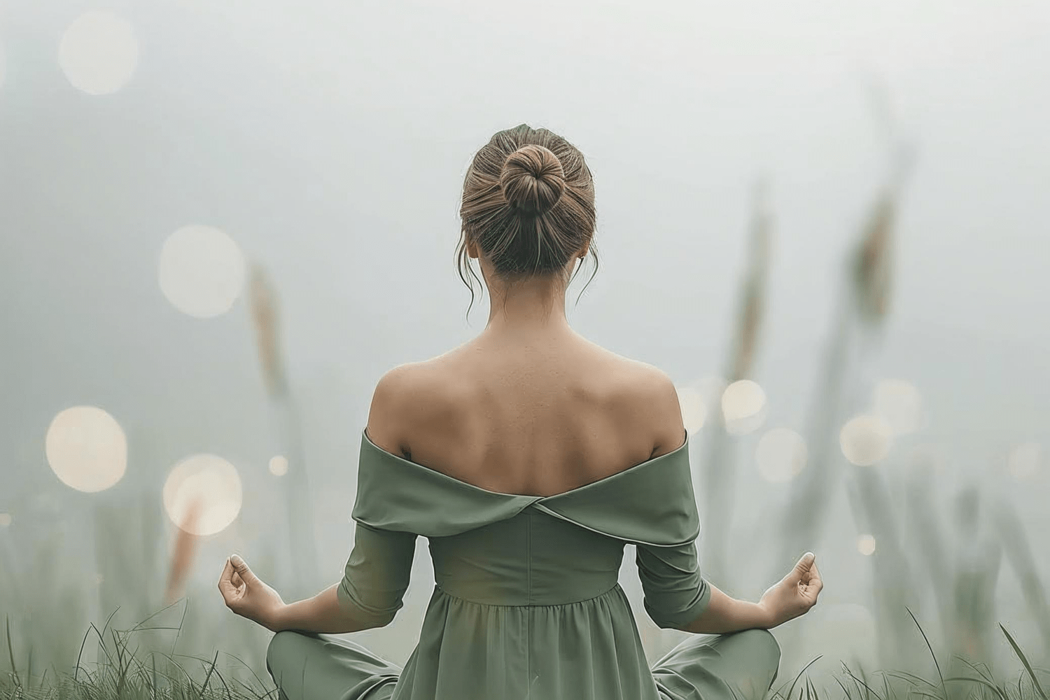 A beautiful calm sage coloured photo of a woman sitting in a meditative posture.