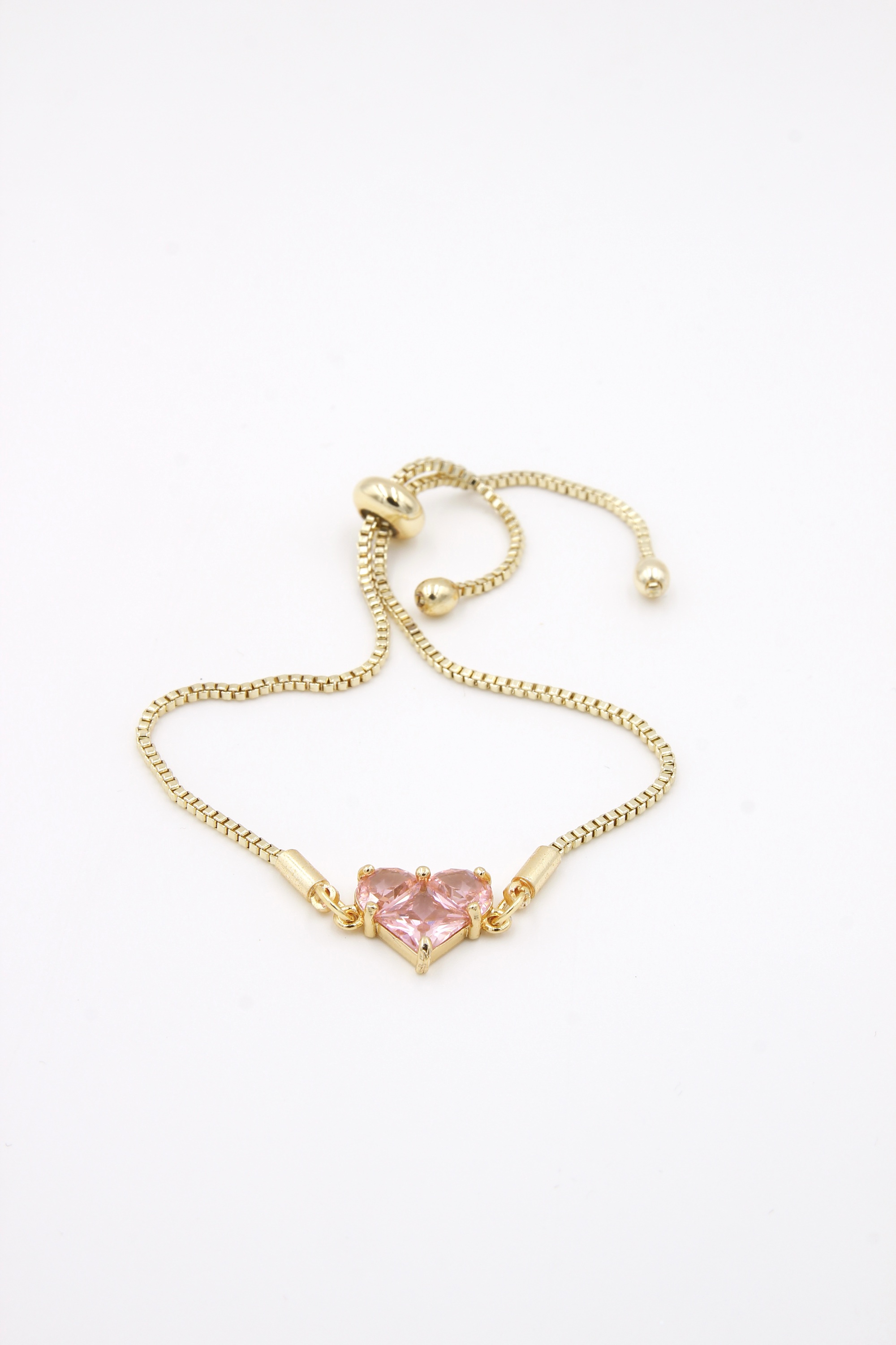 Gold Ton Pembe Kalp Taşlı Asansörlü Bileklik