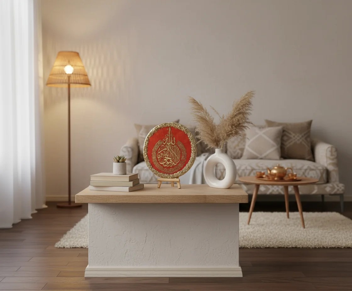 Red and Golden touch resin art Aytalul Kursi Resin Home decor with stand.