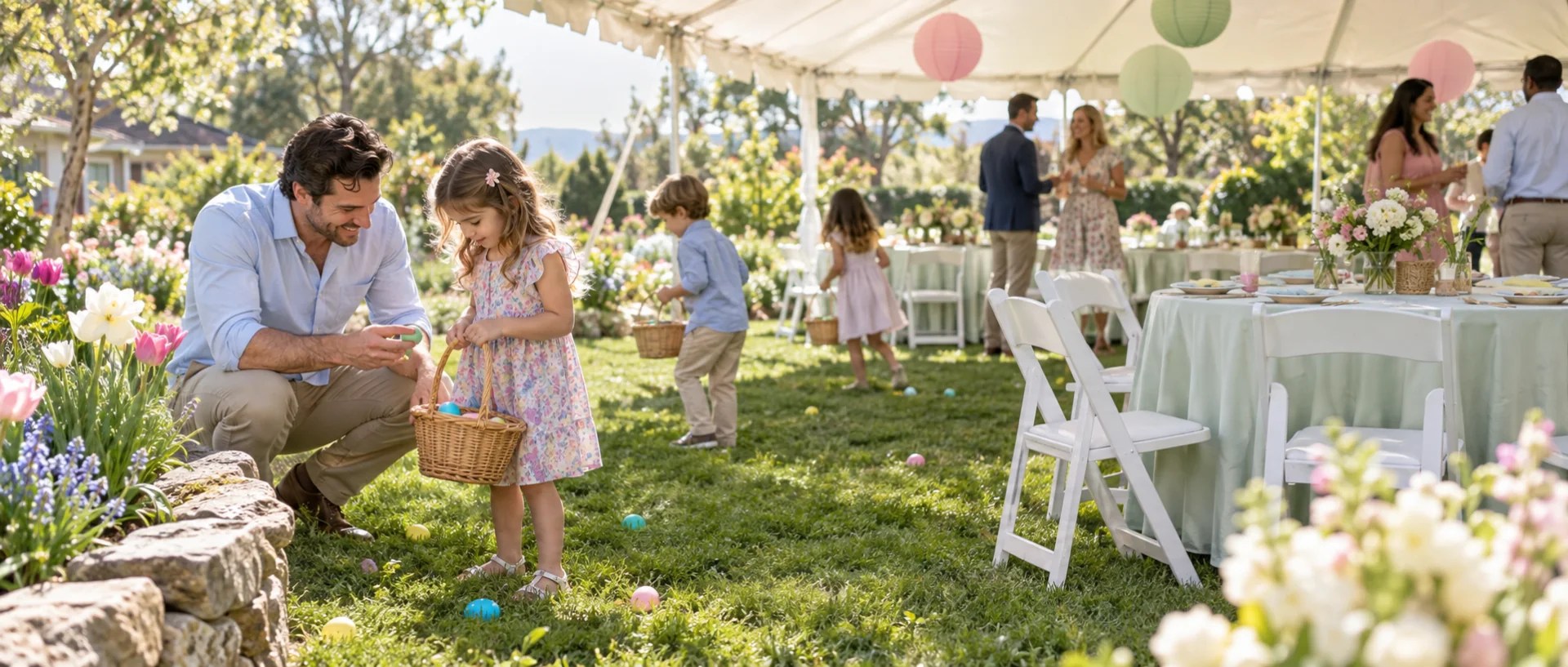 Adult and child collecting Easter eggs beside a spring event tent and tables