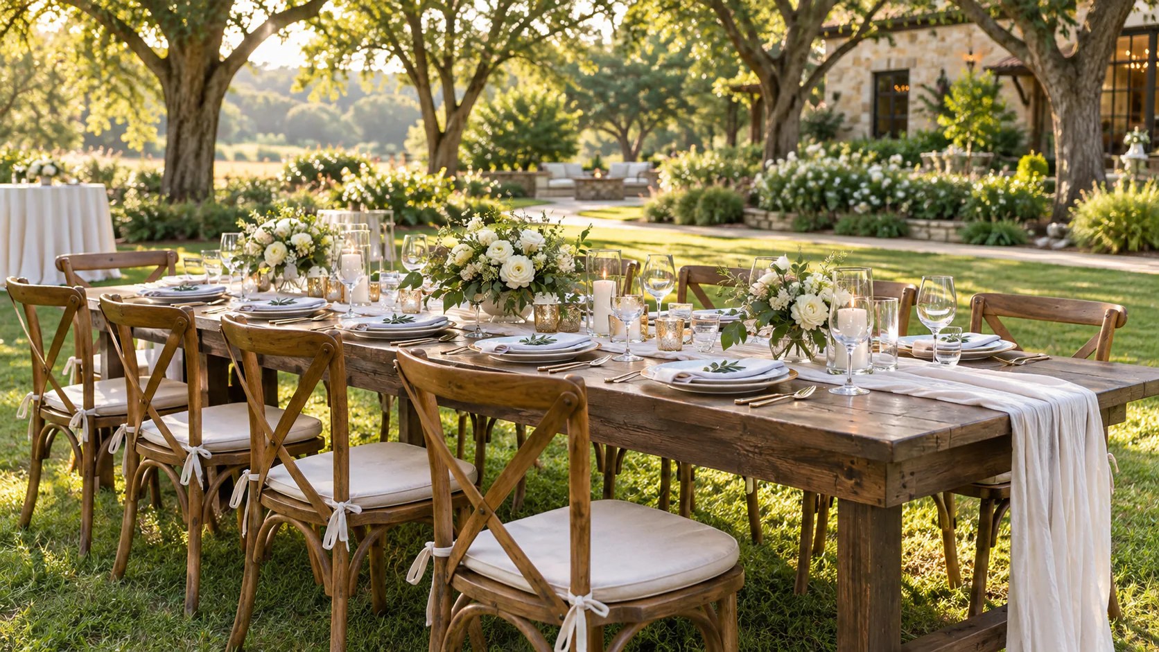 Outdoor wedding reception table with wooden chairs, white place settings and flowers