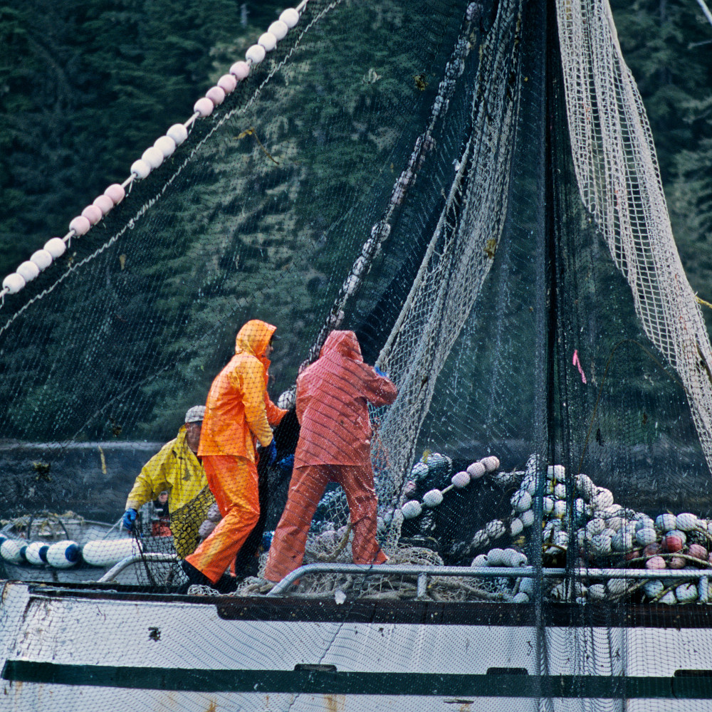 men with purse seine on boat