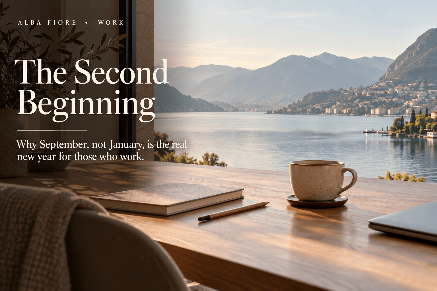 Scrivania con tazza di caffè affacciata sul lago di Lugano alla luce di fine settembre