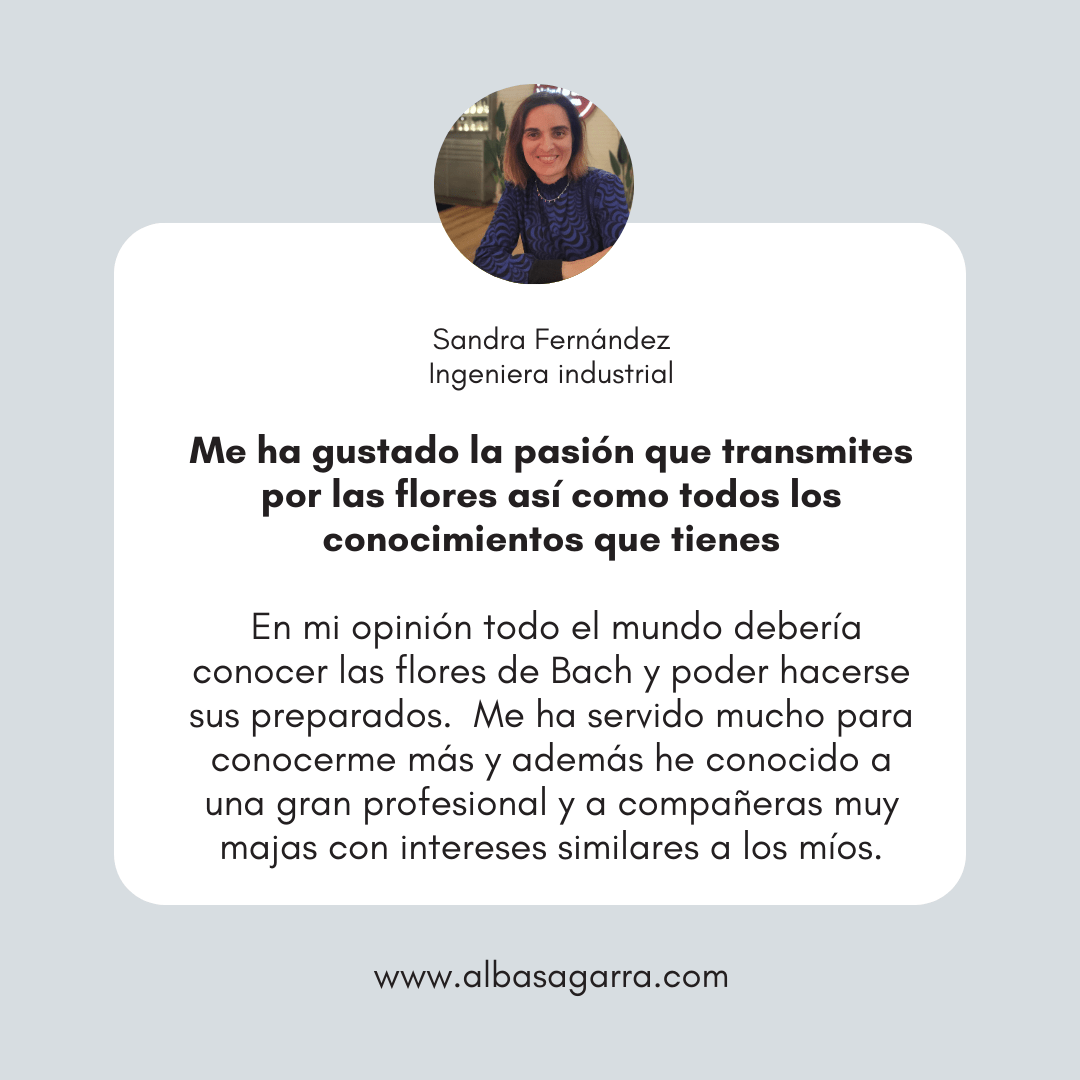 testimonio formación oficial flores de Bach con Alba Sagarra acreditada por Centro Bach de Inglaterra